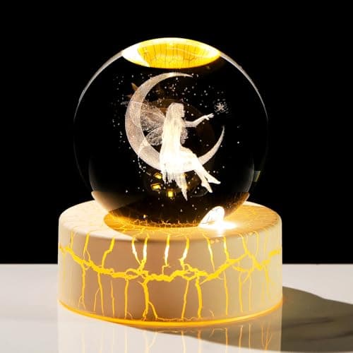 Image of Movdyka Crystal 3D Fairy on Moon 2.36in Witchcraft Ball Tinkerbell Figurine Gifts for Women Daughter Collectible Witchy Sphere with Warm Light Base for Fairy Lovers on Birthday Home Ornaments