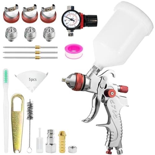 Image of HVLP Gravity Feed Air Spray Gun Paint Sprayer with 1.4/1.7/2.0 mm Nozzles & Air Regulator 600CC Cup Air Paint Gun for Cars, Furniture, House Painting (RED-3 nozzles)