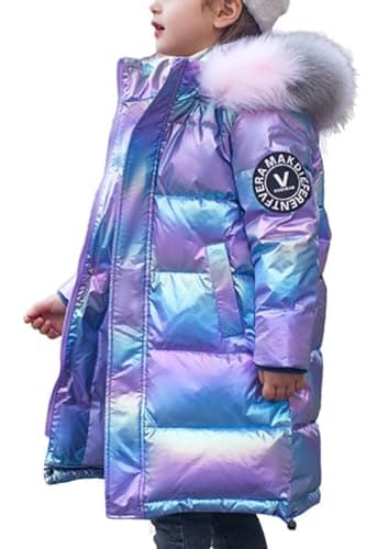 Image of Kids Girl Down Coat Toddler Hooded Jacket Puffer Outerwear Shiny Warm Snowsuit Children Teenage Parka Coats with Faux Fur Collar Purple 11-12 Years