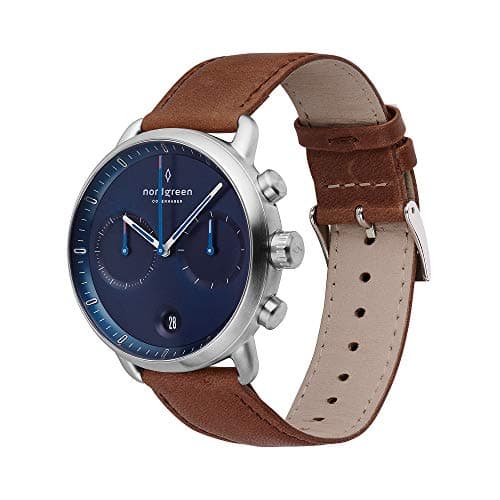 Image of Nordgreen Pioneer Men's Chronograph Watch Scandinavian Silver 42mm with Navy Dial and Brown Strap