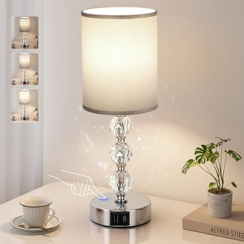 Image of Aooshine Touch Table Lamp, Crystal Grey Bedside Lamps with 3 Way Dimmable, Small Bedside Lamp with USB C+A Charging Ports, Bedroom Lamps with Grey Fabric Shade for Living Room (LED Bulb Included)