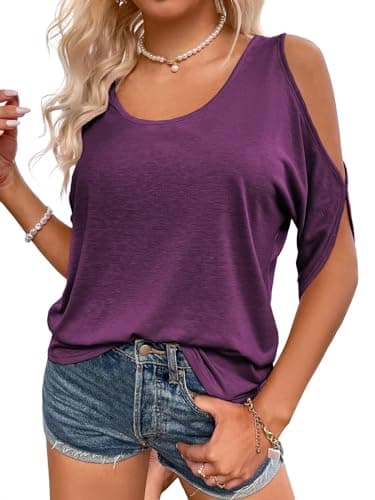 Image of Fisoew Women's T Shirt Off Shoulder Shirts with Crew Neck Summer Short Sleeve Casual Tee Tops, Purple, M