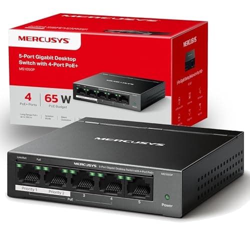 Image of MERCUSYS MS105GP 5 Port Gigabit PoE+ Switch, 802.3af/at 30W, 65W Total Budget, Metal Case, 250m PoE Transmission, Desktop/Wall Mount, Silent Operation, Isolation Mode, Plug & Play