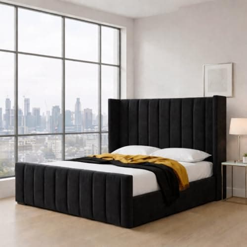 Image of Bed Craft Luxury Upholstered Velvet Bed Frame | Modern Designer Furniture | Optional Gas Lift Storage and Mattress | UK Made (Black Plush, Small Double 4ft Bed Frame)