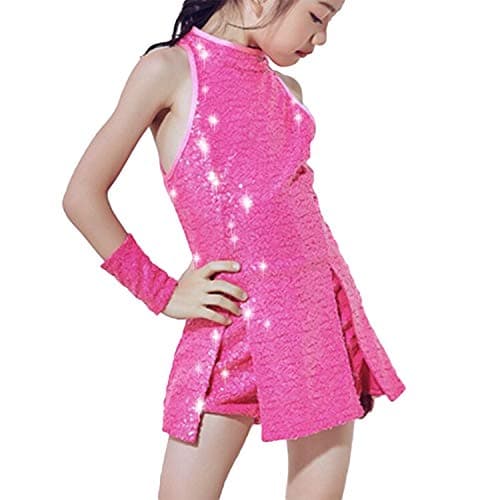 Image of LOLANTA Girls Sequins Jazz Dance Costume Child Sparkle Mini Dress Hip Hop Dance Clothes Set Top+Pants+Socks, Rosered, 5-6 years