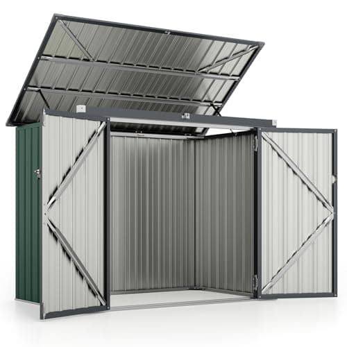 Image of COSTWAY 6 x 3 FT Garden Storage Shed, Galvanized Metal Trash Can Garden Shed with Top Flip Cover, Hydraulic Gas Rod, 2 Lockable Doors & 2 Chains, Weatherproof Tool Storage Organizer (Black+Green)