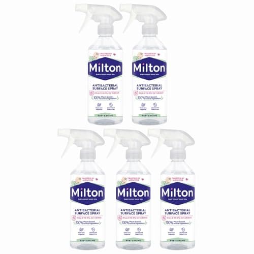 Image of Milton Antibacterial Surface Spray 500ml Pack of 5 Sterilising Fluid Antiseptic Cleaner Kitchen Worktops Fridge Desinfecant with Welari Thank You Card | (5pack) (2500ml)