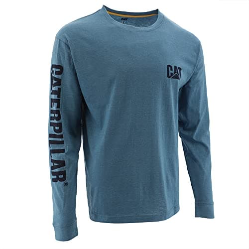 Image of CAT Caterpillar Trademark Banner Long Sleeve Tee Shirts for Men with Center Back Neck Wire Management Loop Workwear Logo, Real Teal Heather, XL