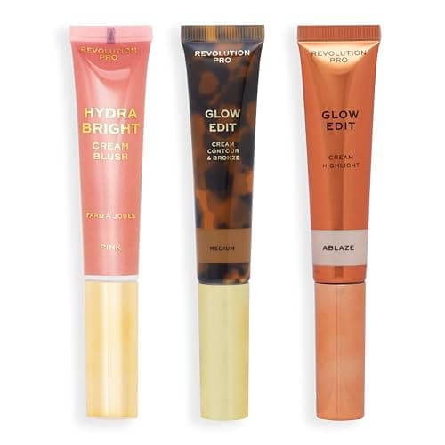Image of Revolution Pro Cream Face Wand Trio, Cream Contour, Blush & Highlighter Makeup Set, Vegan & Cruelty-Free, Medium, 1x12ml, 2x15ml