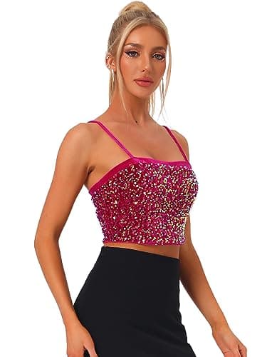 Image of Allegra K Women's Velvet Spaghetti Strap Glitter Sequin Tank Camisole Club Party Crop Cami Top Hot Pink L