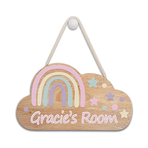 Image of iCaseDesigner Personalised Wooden Childs, Baby, Toddler Bedroom Room Cloud Sign with Name - Rainbow Star Theme