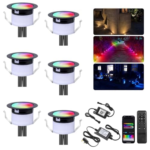 Image of GEYUEYA Home WiFi LED Decking Lights,RGB LED Decking Lights RGBIC+WW Ø45MM 12V 1W Waterproof IP67 Smart Led Plinth Light Kits Colorful Chasing Effect for Terrace/Patio/Path/Garden Decor-6 Pack