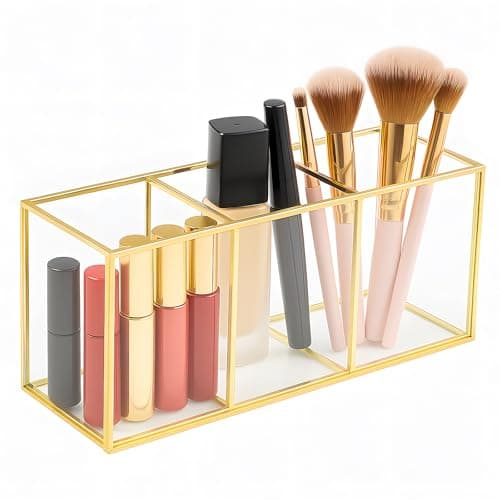 Image of SUNNYNEST Makeup Brush Holder 3-Compartment Glass and Brass Cosmetic Storage 19.5×7×9cm Organizer Vintage Make up Storage Box Gold Makeup Brush Organiser for Brushes Eyeliner Pen Lipstick