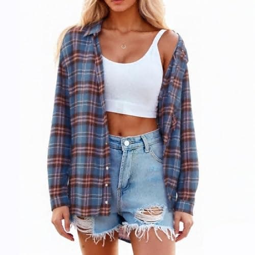 Image of Flannel Checked Shirts Womens Classic Long Sleeve Plaid Shirt Blouse V Neck Button Down Ladies Regular-Fit Checked Shirt with Pocket Office Business Wine Navy Soft Homewear T-Shirt L XL XXL 3XL 4XL