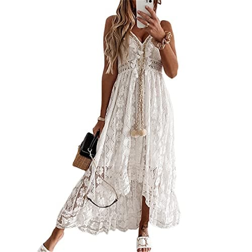 Image of Qianderer Women's Lace Dresses Boho Tassel V-Neck Flare Ruffle Adjustable Straps Backless Beach Summer Long Maxi Dress (Ba White, L)