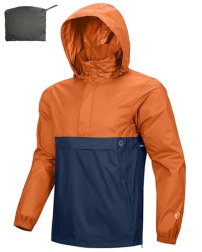 Image of Outdoor Ventures Rain Jacket for Men Waterproof Pullover Lightweight Hooded Windbreaker Outdoor Raincoat Packaway Breathable Windproof Shell Jacket for Camping, Hiking Deep Orange/Dark Blue 3XL