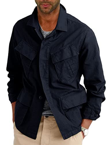 Image of Runcati Mens Lightweight Safari Jacket Button Up Cotton Outdoor Military Cargo Long Sleeve Outwear, Navy, L