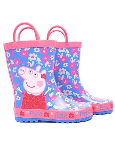 Image of Peppa Pig Wellies For Girls | Childrens Flower Easy-On Handles Pink Blue Rain Welly Boots | Kids Gifts Merchandise