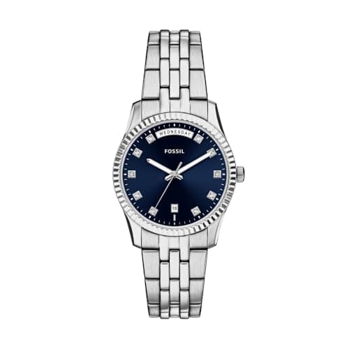 Image of Fossil Scarlette Watch for Women, 34mm Quartz Three Hand Date Movement with Stainless Steel Strap,Jet Black and Silver Tone