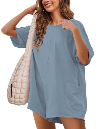 Image of TAQCUX Rompers for Women Athletic Workout Hot Shot Tee Romper Casual Oversized Jumpsuits Overalls, Blue, S