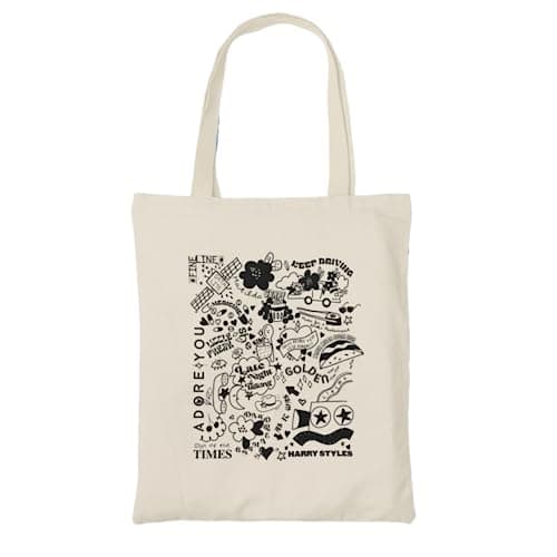 Image of Harry Black Doodle Natural Tote Bag - Styles Love On Tour Songs Albums Singer Famous Celebrity Fan Adore Fashion Carrier Shopper Shopping Gifts Presents (Natural)