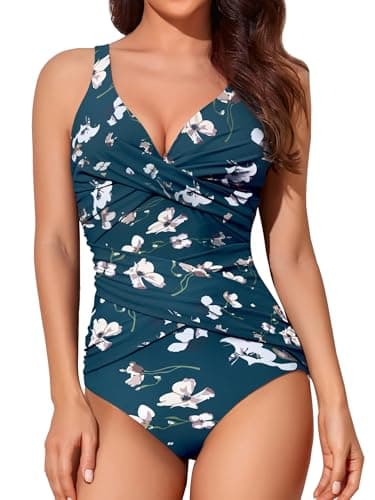 Image of Smismivo Tummy Control Swimsuits for Women Slimming One Piece Bathing Suit Modest Padded Ruched Push Long Torso Curvy Shapewear V Neck Criss Cross Swimming Full Coverage Swimwear (Dark Green Floral)