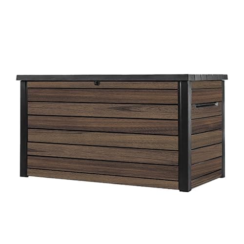 Image of Keter Signature Ontario 870L Outdoor Storage Box – Rosewood | Weather‑Resistant Wood‑Look Storage Box with Lockable Lid, Extra Seating for 2, UV‑Protected Garden Storage