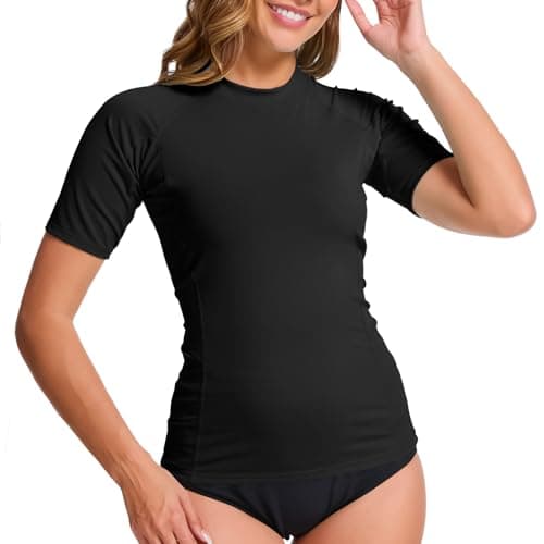 Image of MEETWEE Women's Surf Rash Guard Sun Protection Swimsuit UV Protection Shirt UPF 50+ Short-Sleeve Swim Top Quick-Drying Swimming Sun Protection Shirt for Water Sports Black