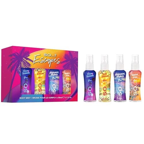 Image of So...? Summer Escapes Mini Body Mist for Women, Fragrance Gift Set (4 x 50ml) – Ibiza Dreams, Bali Breeze, Mykonos Nights, Venice Kiss – Vegan & Cruelty-Free, Recyclable Bottle