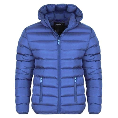 Image of Spindle Mens Plain Black Hooded Padded Quilted Puffer Jacket Winter Coat 2 Zip PocketsSpindle Mens Plain Black Hooded Padded Quilted Puffer Jacket Winter Coat 2 Zip Pockets Blue XL