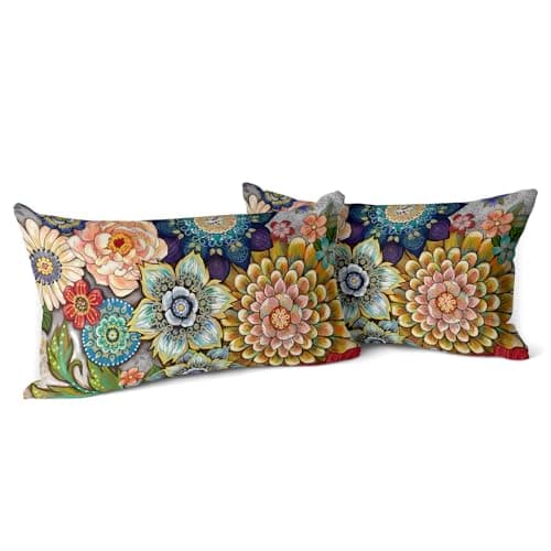 Image of Snylcce Boho Floral Throw Pillow Covers Set of 2 Colorful Bohemian Flower Decorative Cushions Pillowcase for Bedroom Sofa Home Decor, 30x50 CM, Velvet, Short Plush
