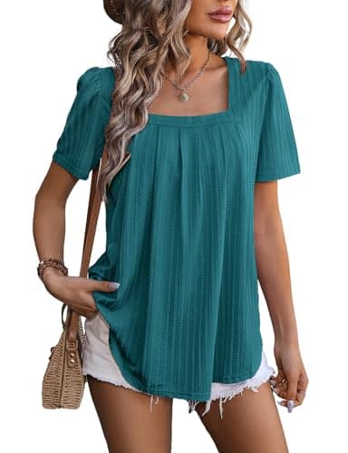 Image of Flikity Tops for Women UK, Square Neck Top Puff Sleeve Blouses for Women Ladies Tops Size 16-18 Dressy Casual Going Out Party Tops Flowy Summer T Shirts Womens Clothes L Peacock Blue