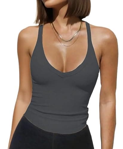 Image of V Neck Racer Back Tank Tops for Women Fit Ribbed Basic Camisole Strap Vest Top(Grey, M)