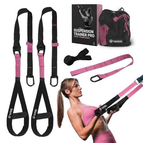 Image of THYSOL® Suspension Trainer Pro Xtreme Straps | Sling Trainer Set with Adjustable Door Anchor | Fitness Home Workouts - Suitable for Travelling & for Training Indoor & Outdoor (Pink)
