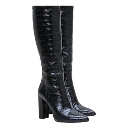 Image of PrettyLittleThing Black Matte Croc Heeled Ankle Boots – Faux Croc PU Pointed Toe Women’s Fashion Booties for Nights Out, Parties & Everyday Glam