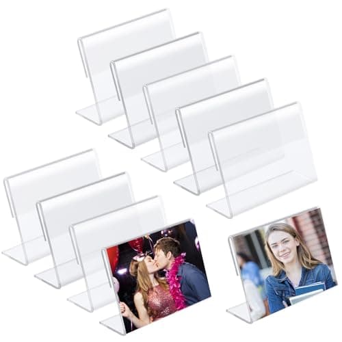 Image of DiiWmme 10Pcs Mini Acrylic Sign Holder, L Shape Price Tag Display Stand, Slanted Brochure and Photo Frame Holder for Restaurant Menu, Office Desk, Shopping Malls, Transparent Flyer Stand (9×6cm)