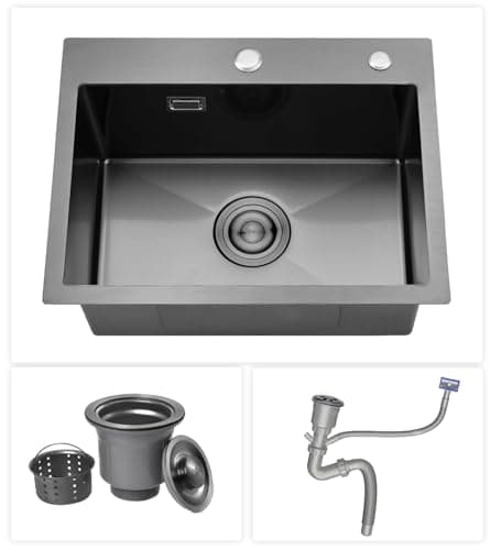 Image of Black Kitchen Sink, 55 x 45 cm, Small Sink,Stainless Steel Single Bowl, Drop in Topmount & Flushmount Single Bowl with 2 Tap Holes, Drainer Fittings and Overflow Kit, for Small Kitchen,Restaurant