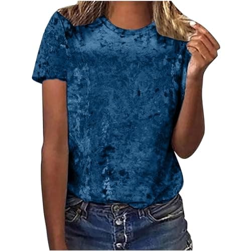 Image of Velvet Short Sleeve T Shirts for Women UK Crew Neck Tops Casual Fashion Blouse Crewneck Loose Fit Tunic Tops Summer Spring Outfit Ladies Work Office Tee Shirt Solid Color Top Blue