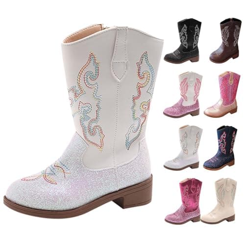 Image of Girls Mid Calf Cowboy Boots,Sparkly Glitter Cowboy Western Mid Calf Boots Little Kids Round Toes Low Heel Zipper Party Birthday Dress Boot Riding Shoes UK 10 White Footwear