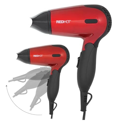 Image of Red Hot 37070 1200W Travel Hair Dryer with Folding Handle/Dual Voltage / 2 Heat Settings/Compact & Lightweight/Red Coloured