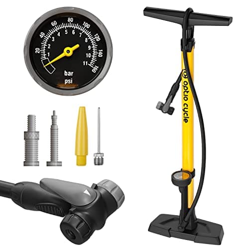 Image of Optio Cycle Floor Bike Pump with Pressure Gauge – Track Pump Yellow 11 Bar / 160 PSI | Fast Inflation for Presta & Schrader Valves | Manual Bike Tire Inflator for MTB, Road Bike & E-Bike