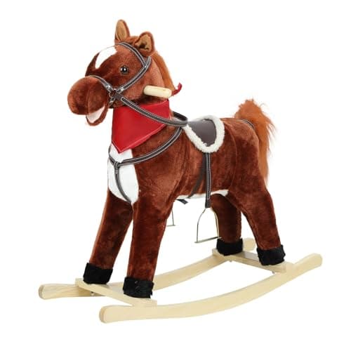 Image of JENPECH Rocking Horse Toy for Kids Plush Ride on Animal with Wooden Rockers, Moving Mouth and Wagging Tail, Musical Sounds, Baby Rocking Chair, 120kg Weight Capacity, Ages 1-6 Dark Brown Small