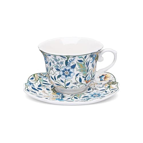 Image of fanquare Blue and White Tea Cup and Saucer Set of 1, 250ml Large Vintage Floral Ceramic Coffee Cup for Afternoon Tea Party Gifts