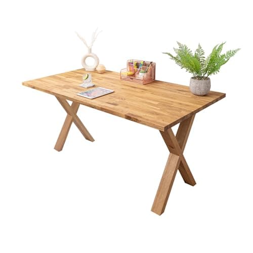 Image of Solid Wood Oiled Oak Office Desk With X Legs | 1200mm x 800mm x 27mm | Premium European Wooden Tabletop and Legs | Workstation Table for Work, Writing and Study