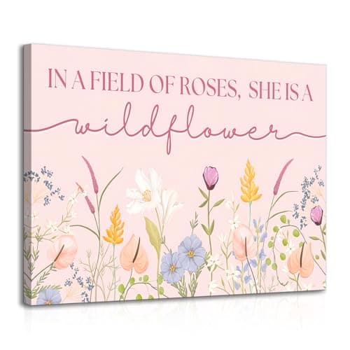 Image of Dazzlewall Framed Inspirational Wildflower Wall Art,Soft Pink Floral Encouraging Quote Canvas Prints for Girls Dorm Bedroom Living Room Decor 12x16 in