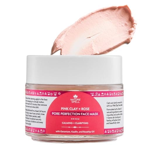 Image of Nature Spell Pink Clay Face Mask with Rose Water, Pore Minimising & Clarifying Mask with Calamine & Rosehip Oil, Helps Absorb Excess Oil, Refine Skin Texture & Control Shine, Vegan Skincare, 100 ml