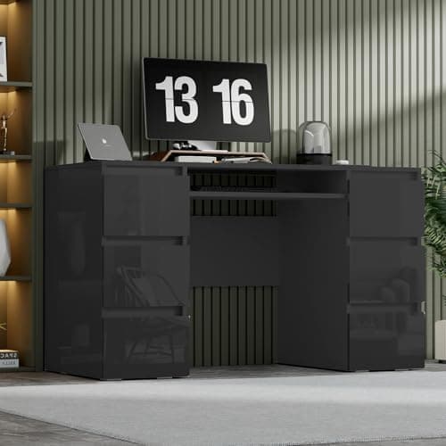 Image of TRIOBLADE Computer Desk with 6 Drawers High Gloss Writing Table 120x50x70cm PC Workstation Study Makeup Dressing Table with Large Storage Working Vanity Desk for Home Office (Black)