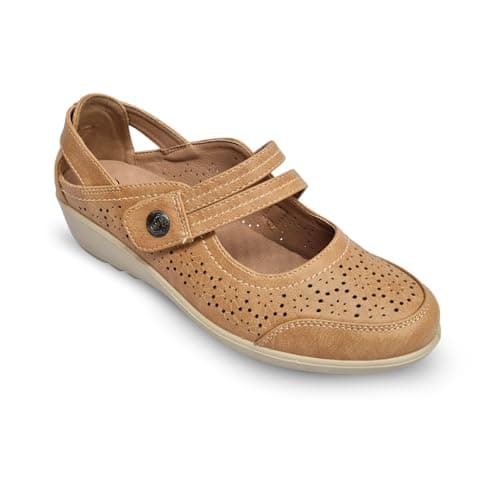 Image of Cushion Walk Wide Fit Ladies Mary Jane Comfort Shoes Womens EEE Loafer Sandals Wedge Summer Holiday Touch Strap UK 4-8 (Tan, UK Footwear Size System, Adult, Women, Numeric, X-Wide, 8)