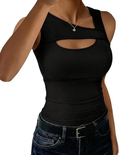 Image of Aottori Womens Vest Tops Summer Sleeveless Tank Top UK Ladies Sexy Cutout Neck Camisole Ribbed Fitted Plain Casual Basic Cami Shirts Black M