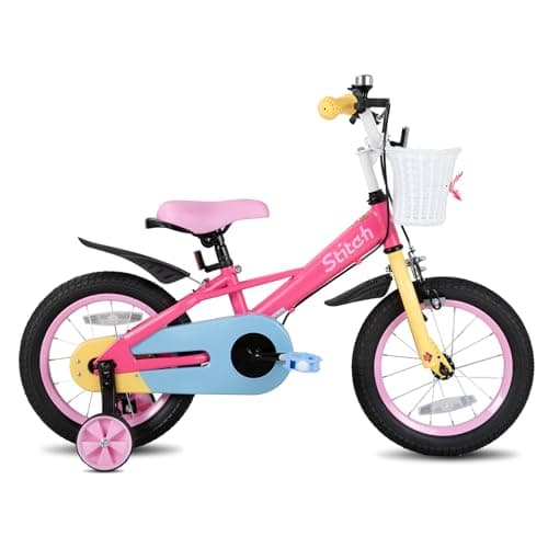 Image of STITCH MACARONS 14 inch kids bike for 3-5 girls, 14 inch girls bike with stablisers and basket,pink